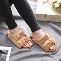 Women Fuzzy Slippers with Cork Footbed Fluffy Slide Sandals Open Toe Indoor House Shoes Arch Support Adjustable Slippers