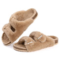 Women Fuzzy Slippers with Cork Footbed Fluffy Slide Sandals Open Toe Indoor House Shoes Arch Support Adjustable Slippers