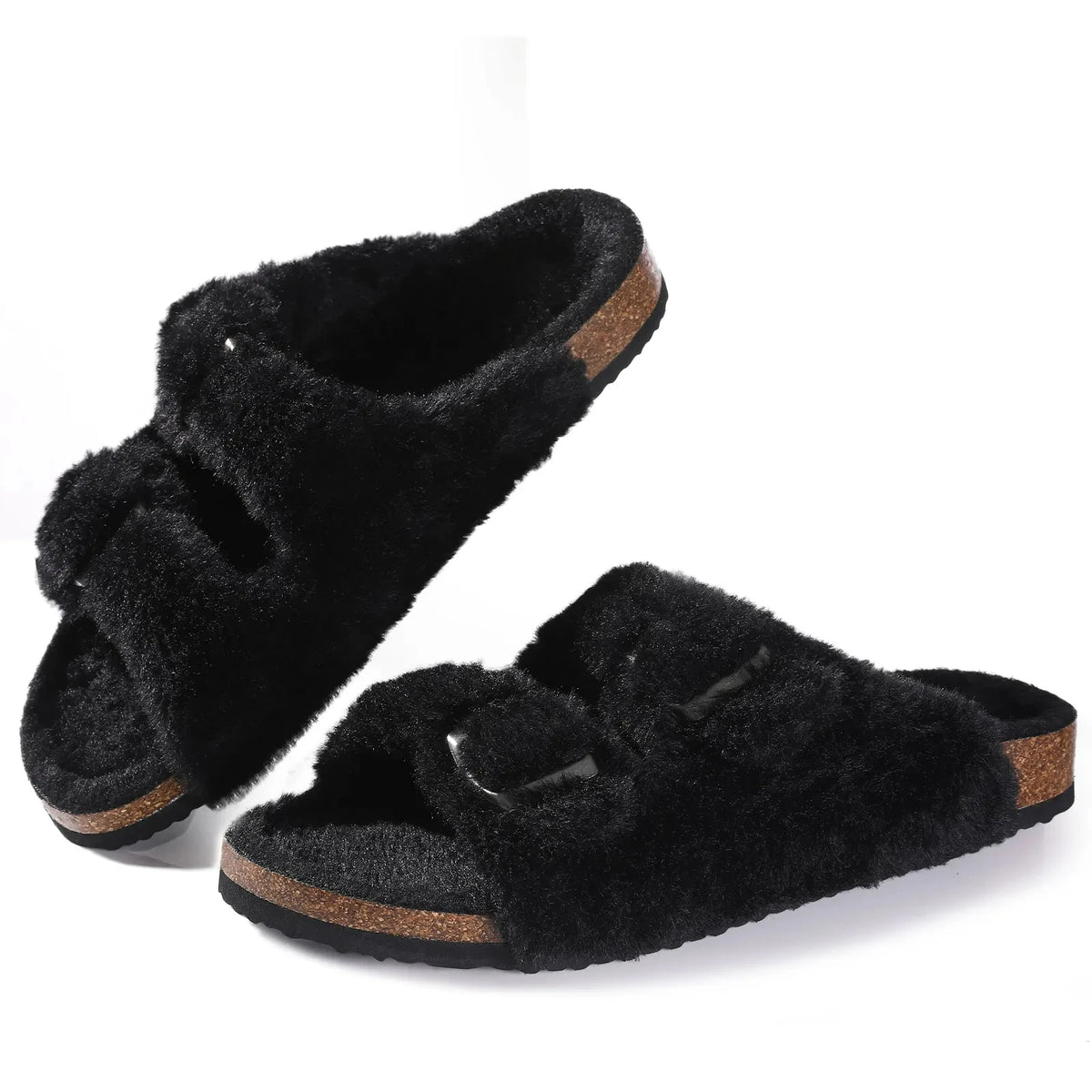 Women Fuzzy Slippers with Cork Footbed Fluffy Slide Sandals Open Toe Indoor House Shoes Arch Support Adjustable Slippers