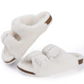 Women Fuzzy Slippers with Cork Footbed Fluffy Slide Sandals Open Toe Indoor House Shoes Arch Support Adjustable Slippers