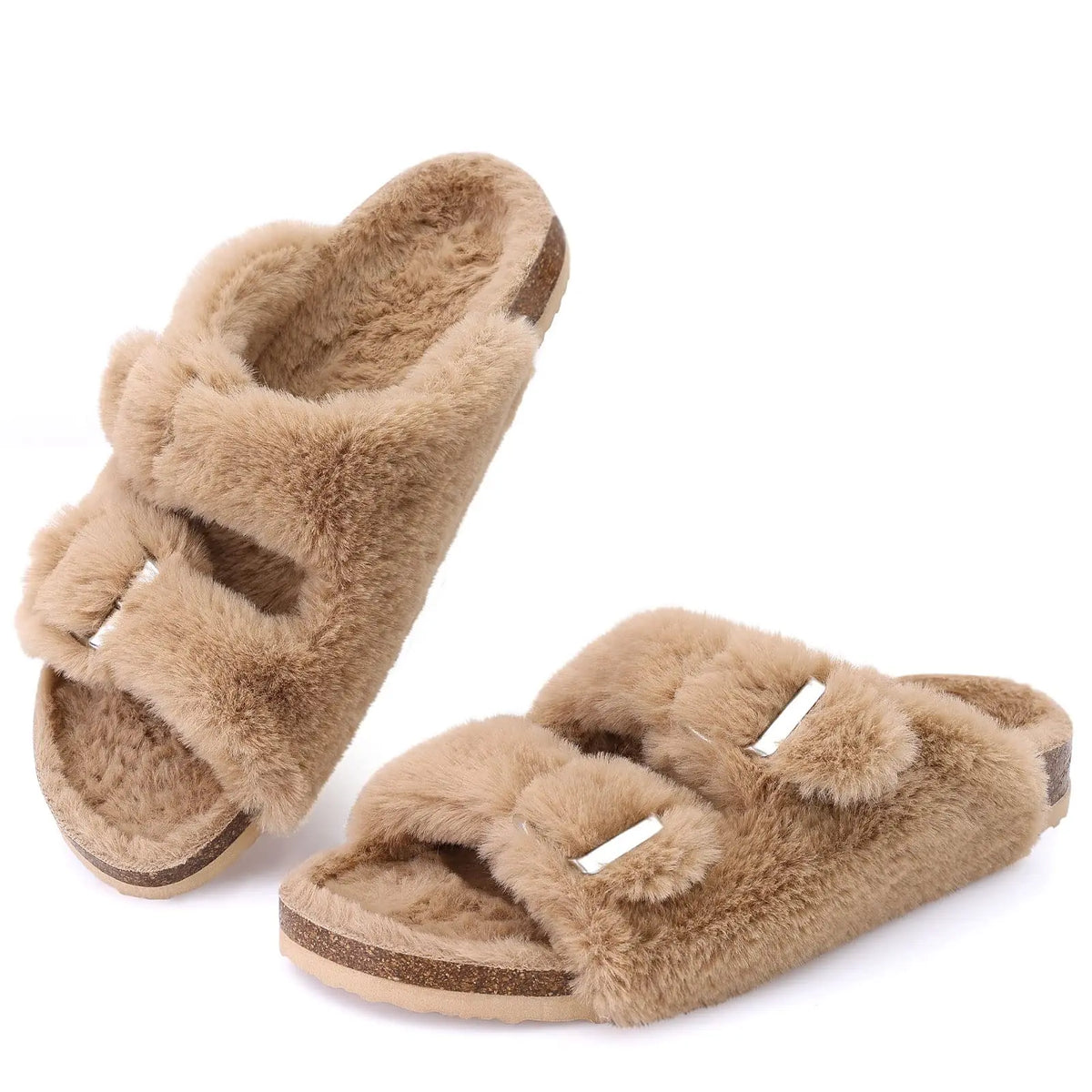 Women Fuzzy Slippers with Cork Footbed Fluffy Slide Sandals Open Toe Indoor House Shoes Arch Support Adjustable Slippers