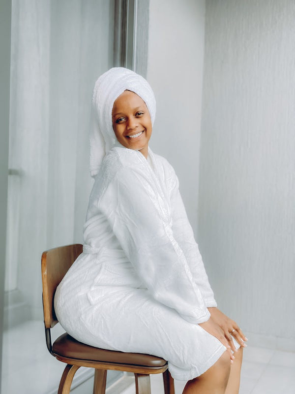 Signature Comfuurt Bathing Gown - Woman in luxury white bathrobe